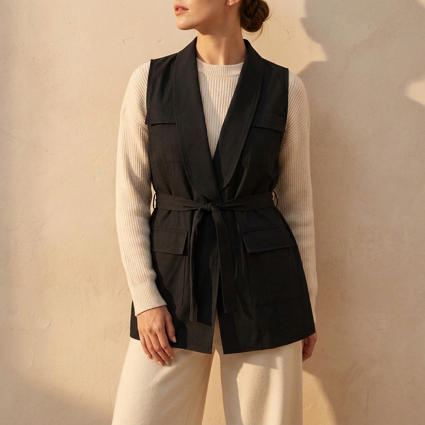 Black utility vest with the waist tie fastened over a cream knit