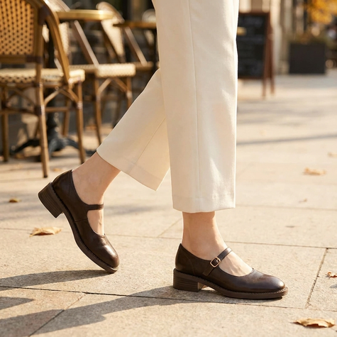 Brown leather mary jane shoes with block heel worn on a sunlit city sidewalk