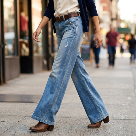 High waist wide leg flare jeans in faded light wash, front view