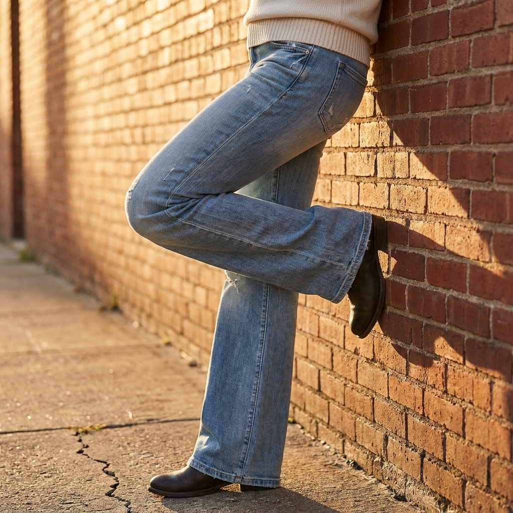 Wide leg flare jeans styled on model, alternate view