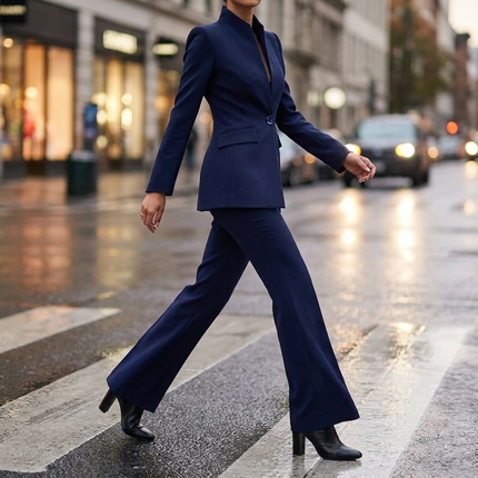 Two piece suit set with longline blazer and flare trousers in burgundy
