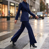 Two piece suit set with longline blazer and flare trousers in burgundy