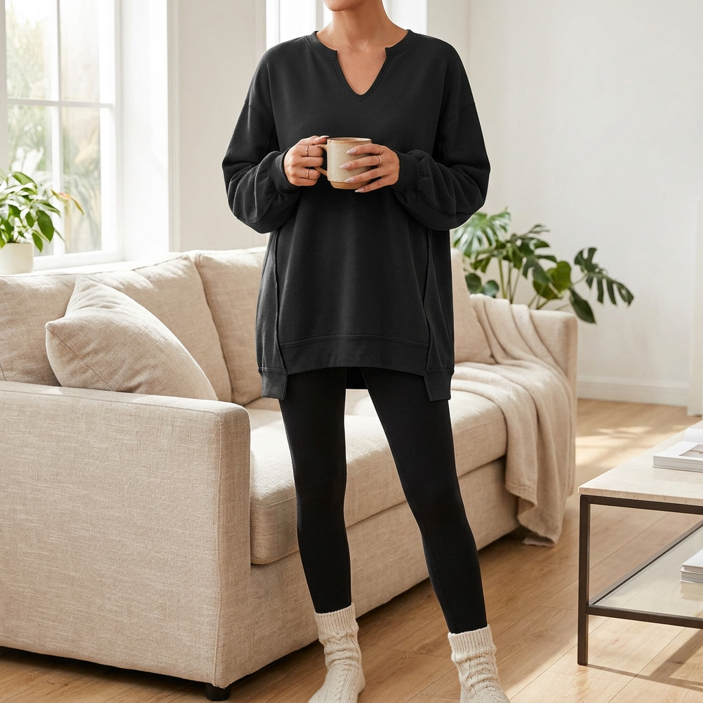 Oversized V-neck sweatshirt tunic worn with leggings, front view