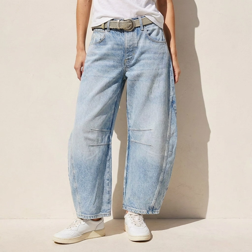 High waist barrel leg jeans in light acid wash, front view