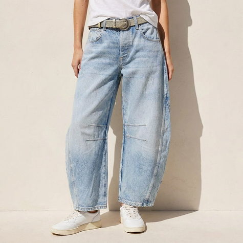 High waist barrel leg jeans in light acid wash, front view