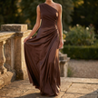 One shoulder pleated maxi dress, full-length front view