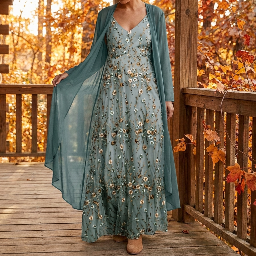 Floral maxi dress with matching duster cardigan set, front view
