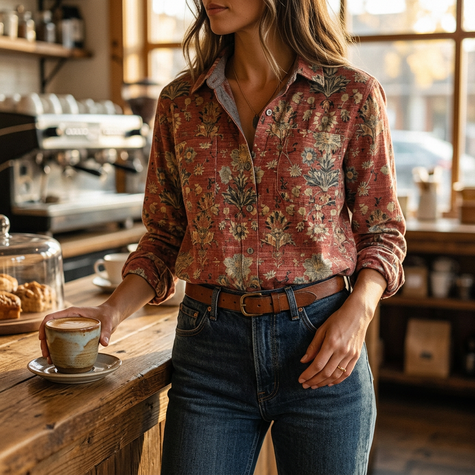 Vintage floral button-down shirt in terracotta tones, front view