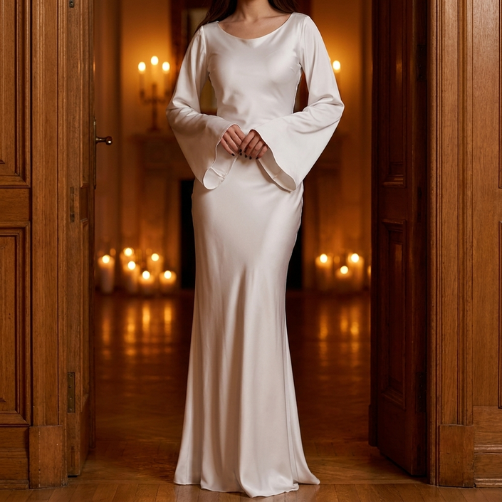 Satin long sleeve maxi gown with draped sleeves, front view