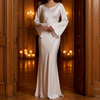 Satin long sleeve maxi gown with draped sleeves, front view
