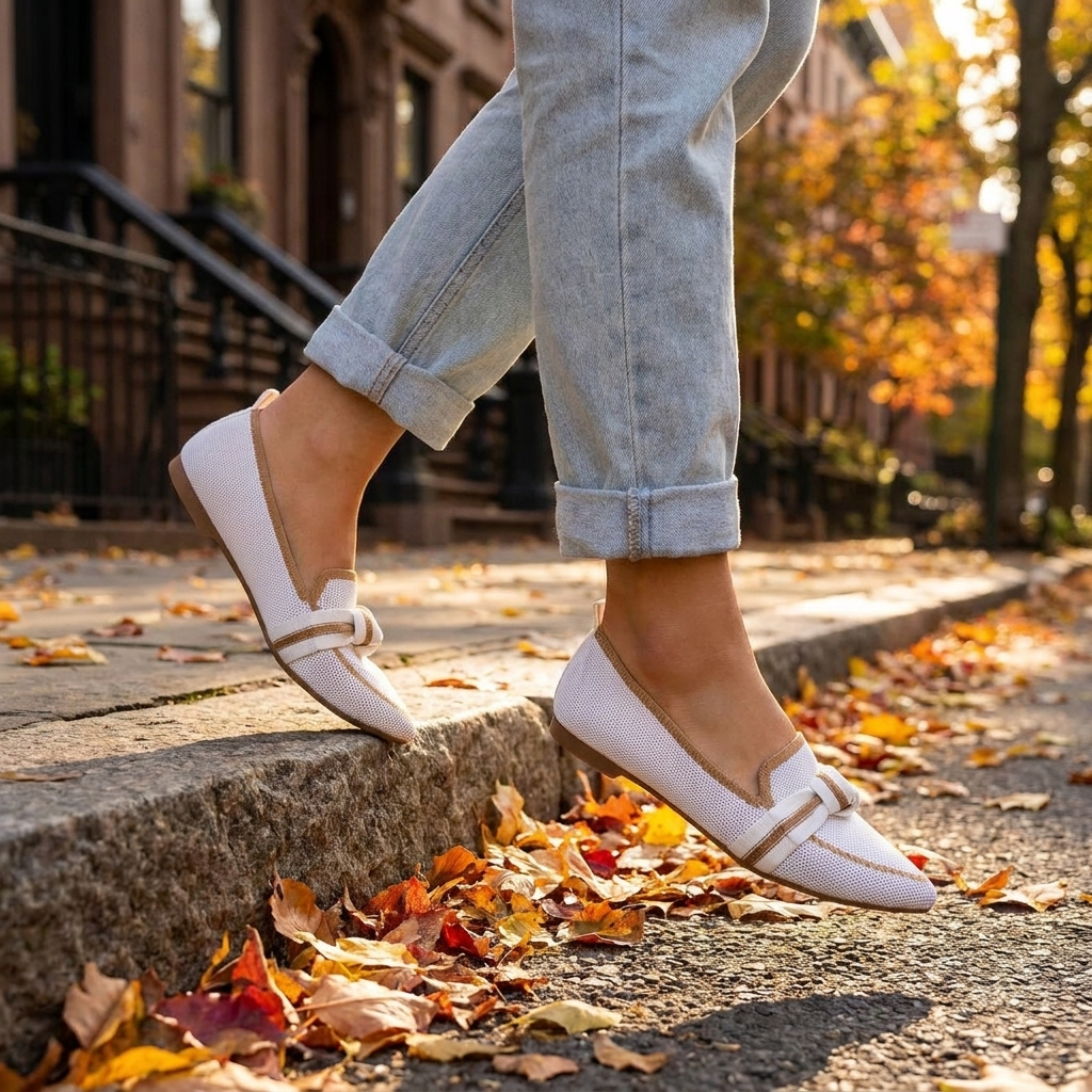 Pointed toe loafers in white and camel, alternate angle