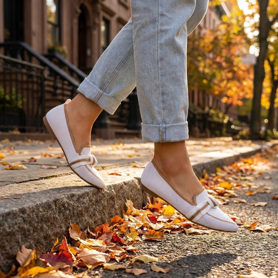 Pointed toe loafers in white and camel, alternate angle