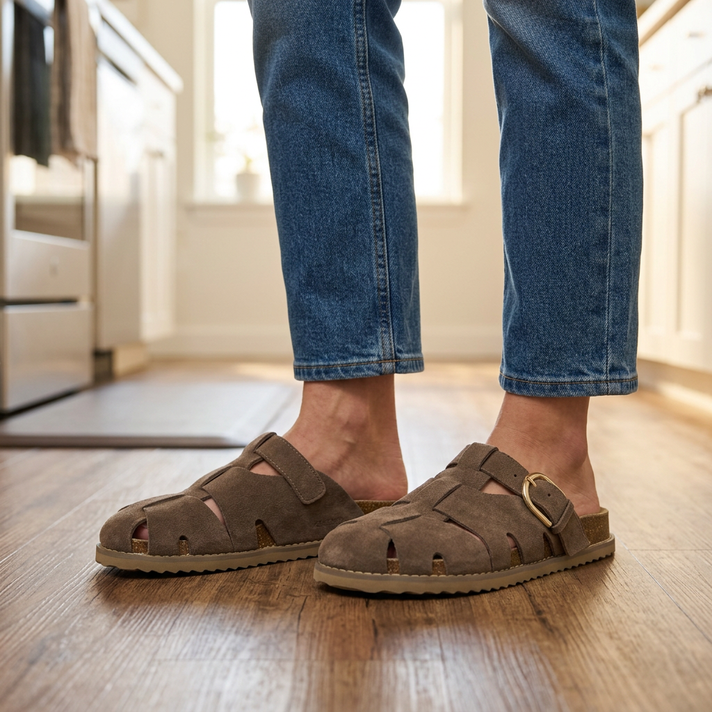 Suede buckle clogs for women worn with jeans on a warm wood kitchen floor