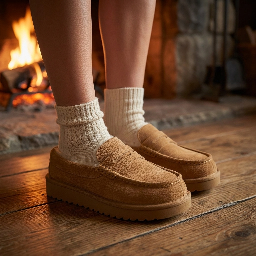 Faux fur lined suede slippers worn beside a lit fireplace