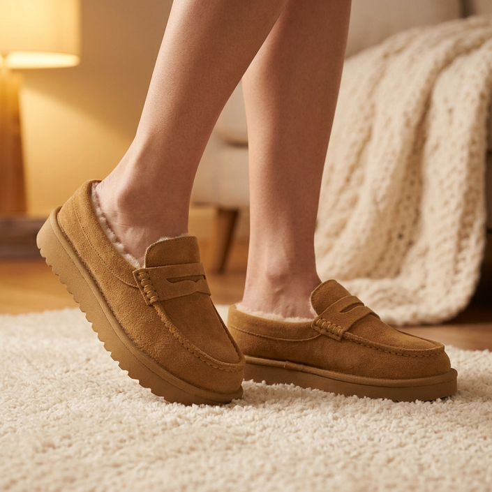 Womens fur lined slippers stepping onto a cream shag rug