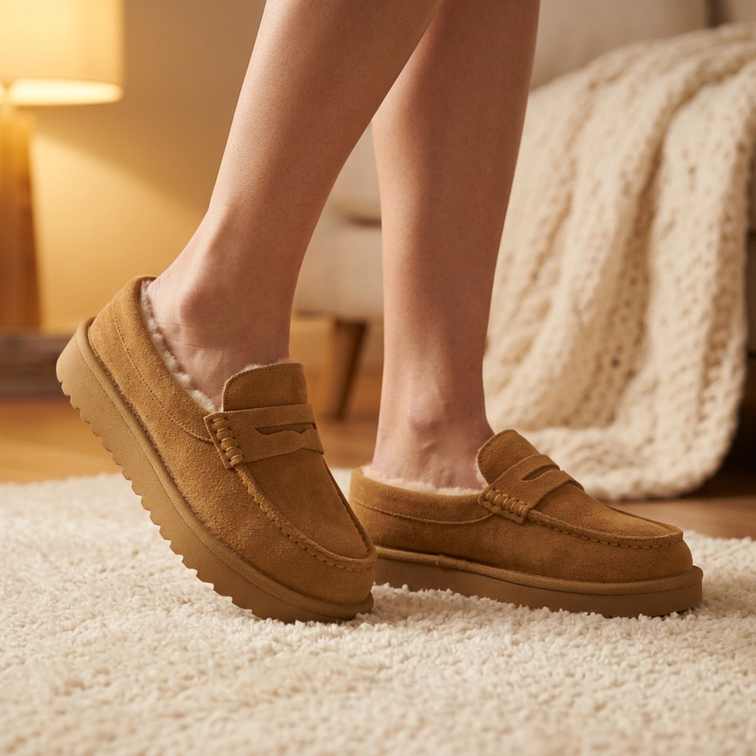 Womens fur lined slippers stepping onto a cream shag rug