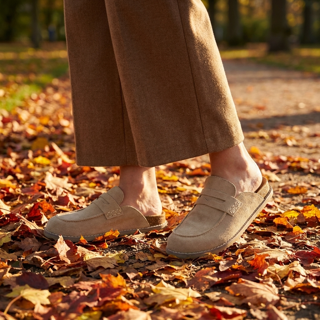 Suede cork clogs for women worn on an autumn park path
