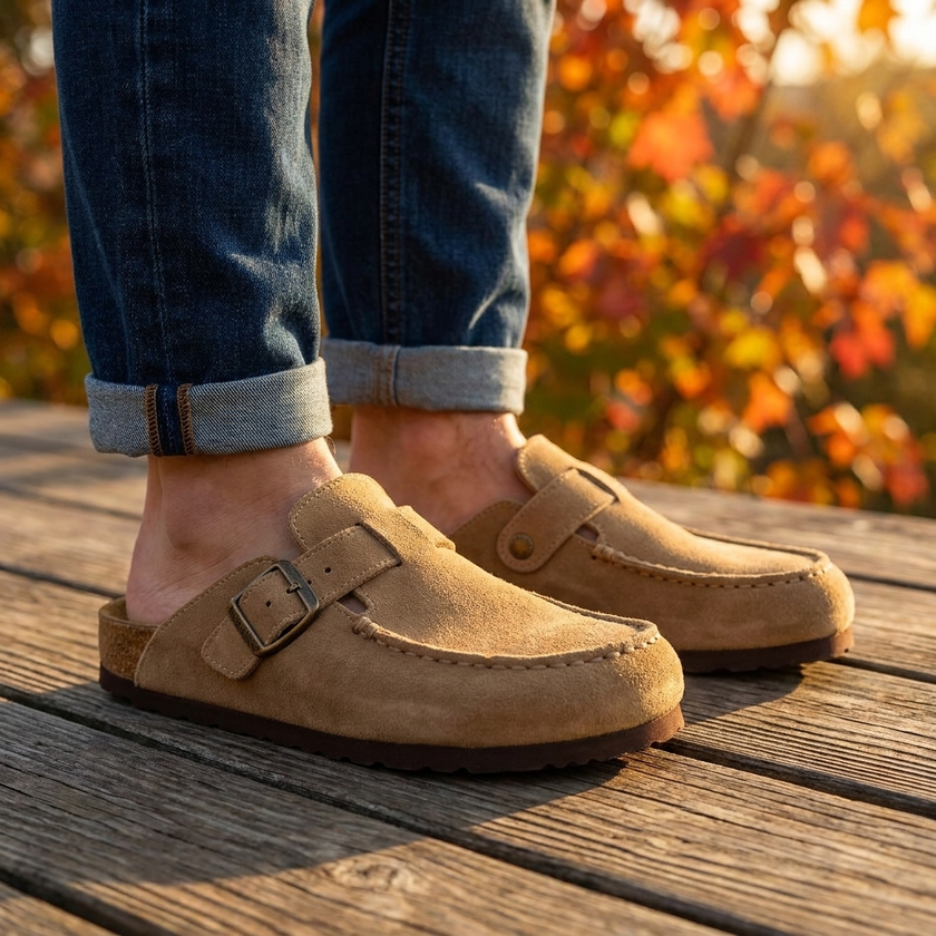 Suede moc toe clogs worn with cuffed denim on a wooden deck at golden hour
