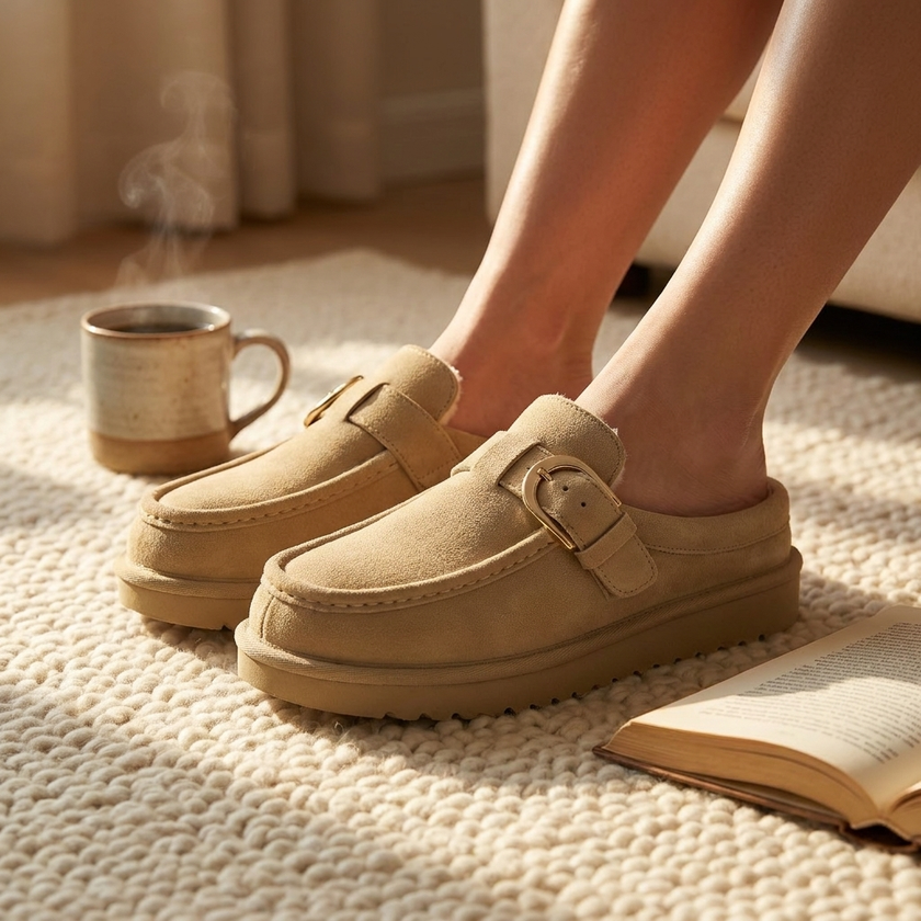 Womens suede slippers resting on a wool rug with coffee and a book