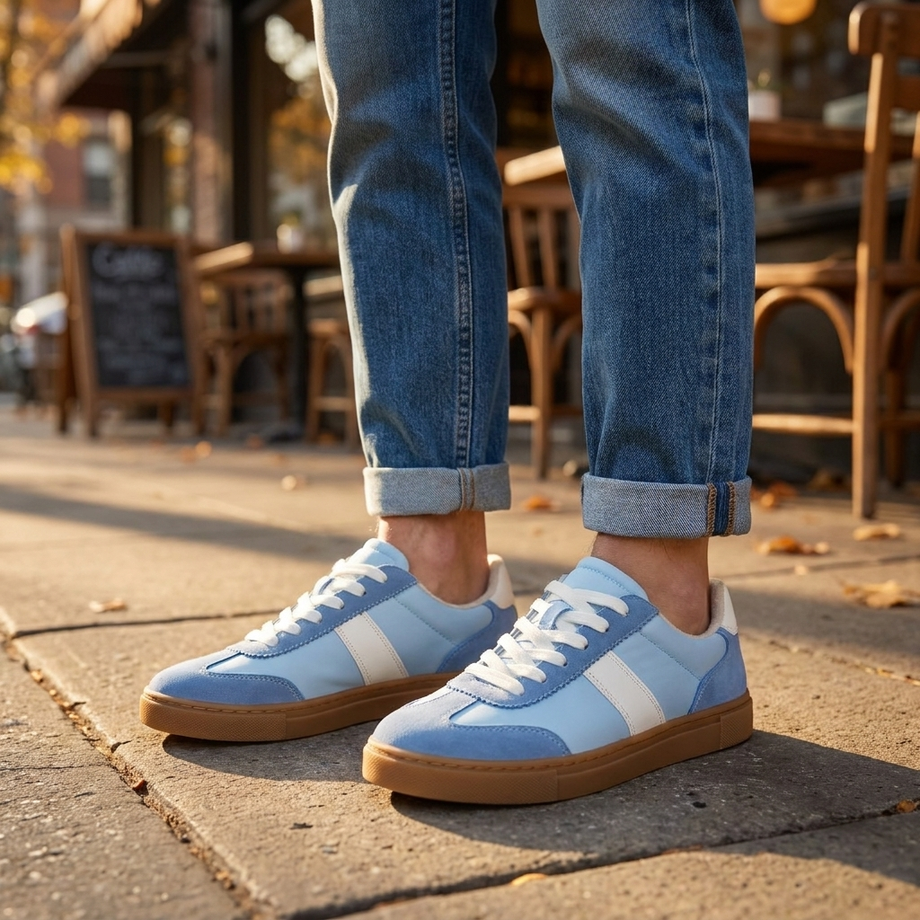 Lace up sneakers for women worn with cuffed jeans on a sunlit city sidewalk