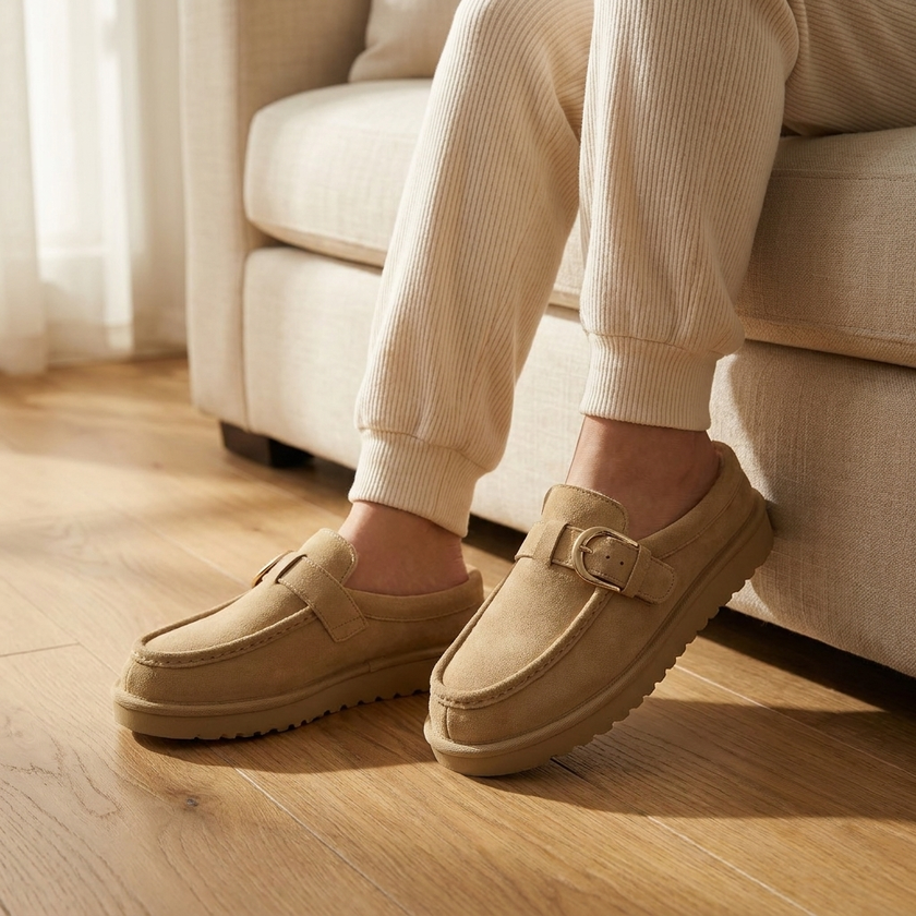 Suede memory foam slippers worn on a warm oak floor beside a linen sofa