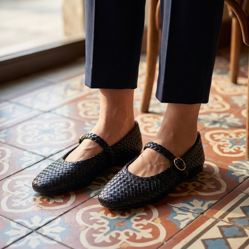 Woven mary jane shoes for women worn with cropped trousers on cafe tile