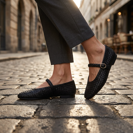 Womens mary jane shoes mid step on a cobblestone street