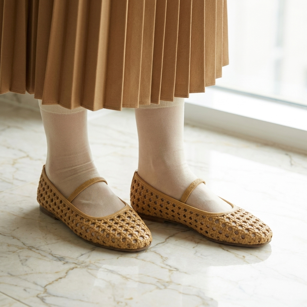 Woven mary jane flats for women worn with a pleated midi skirt on marble