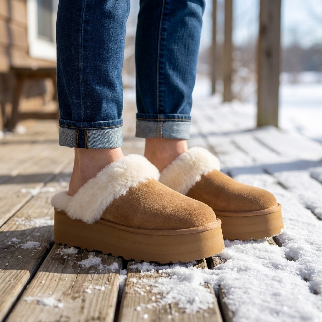 Suede platform clogs for women worn on a snow dusted wooden porch