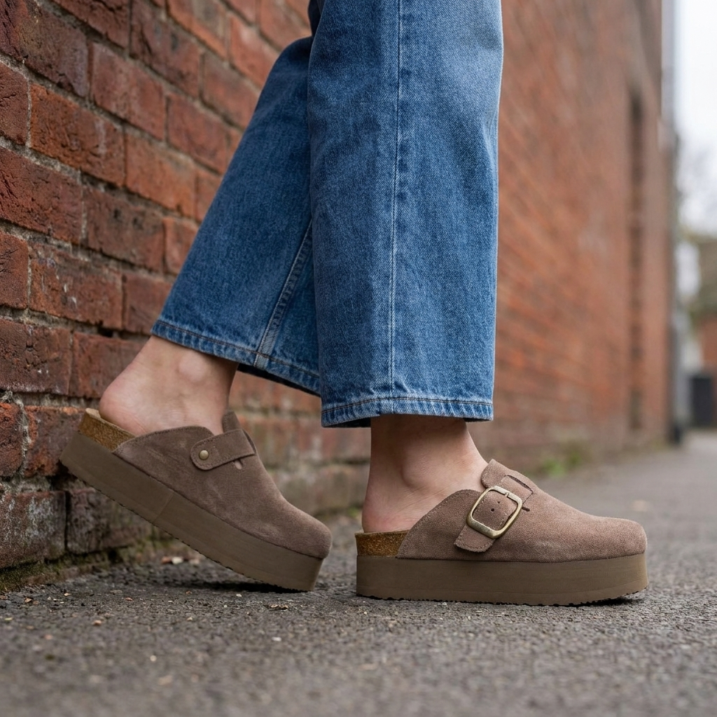 Womens platform clogs walking past a brick wall