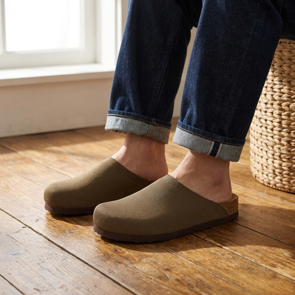Knit cork footbed clogs for women worn on a warm wood floor