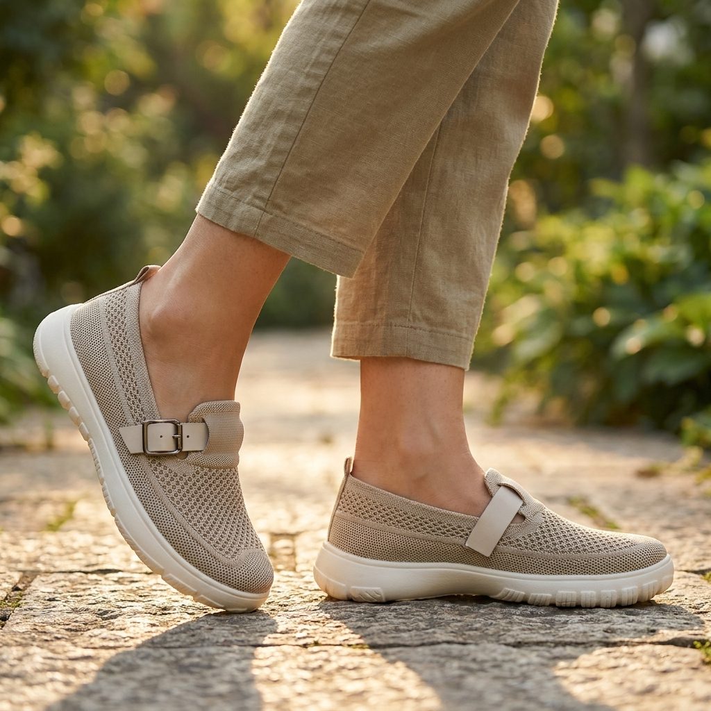Womens buckle strap slip on sneakers stepping onto a stone garden path