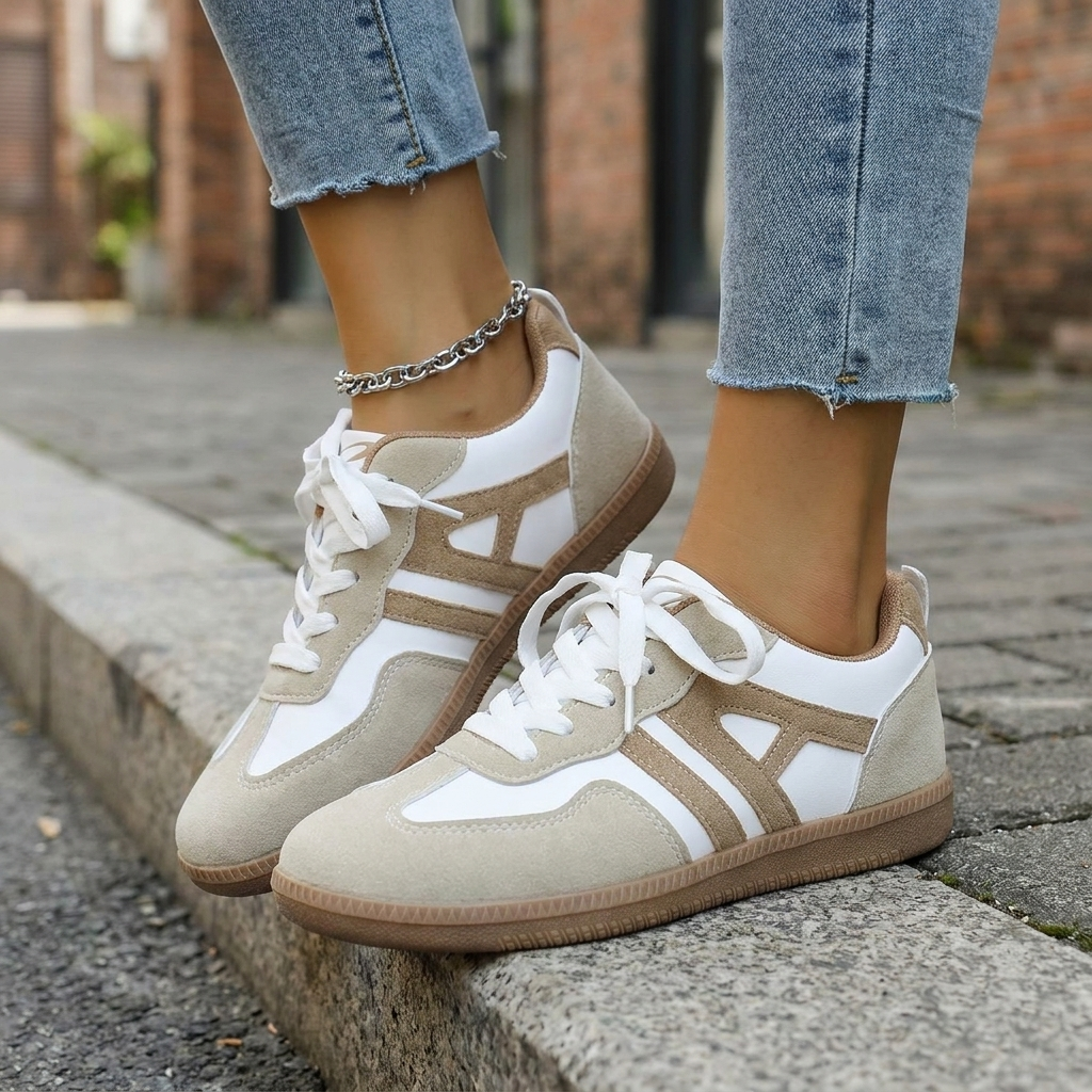 Womens retro sneakers with gum sole seated on a concrete step