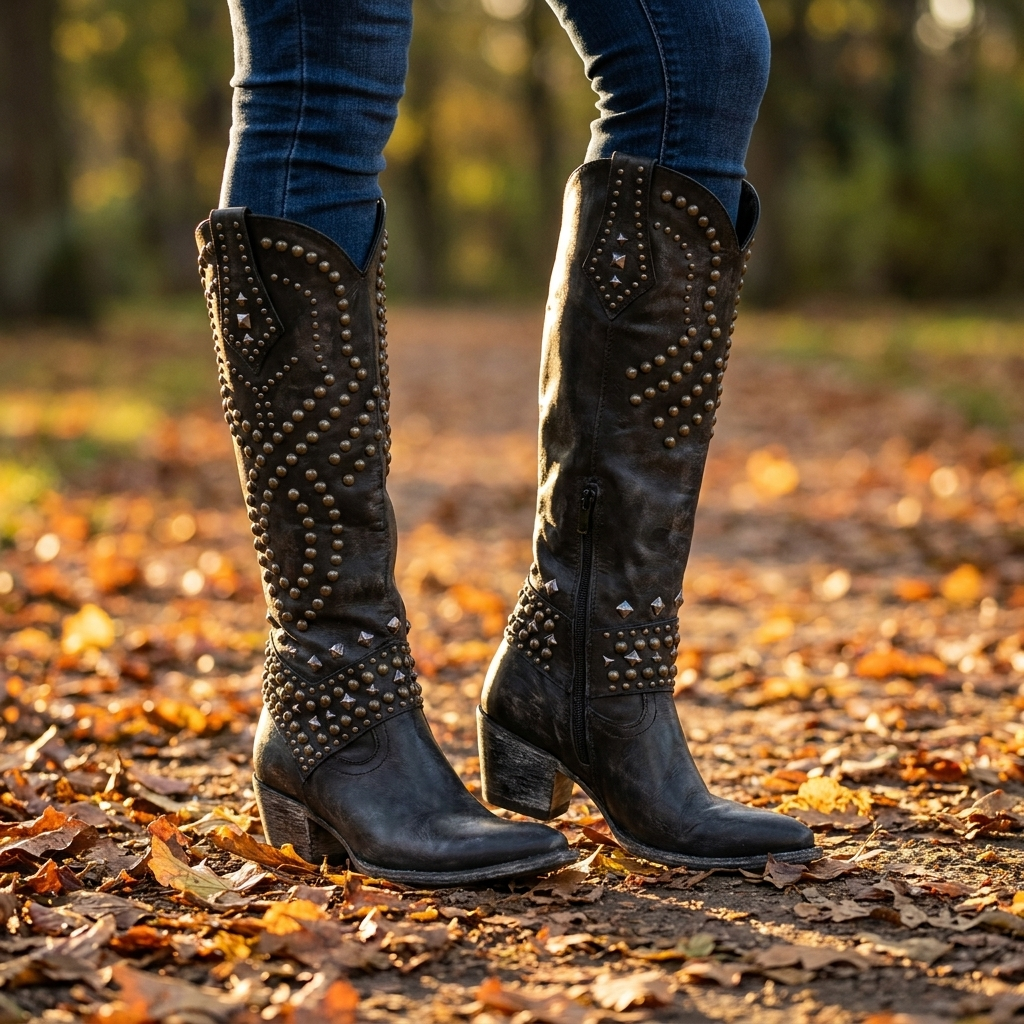 Knee high boots for women worn over slim jeans on an autumn park path