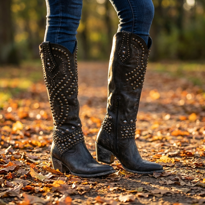 Knee high boots for women worn over slim jeans on an autumn park path