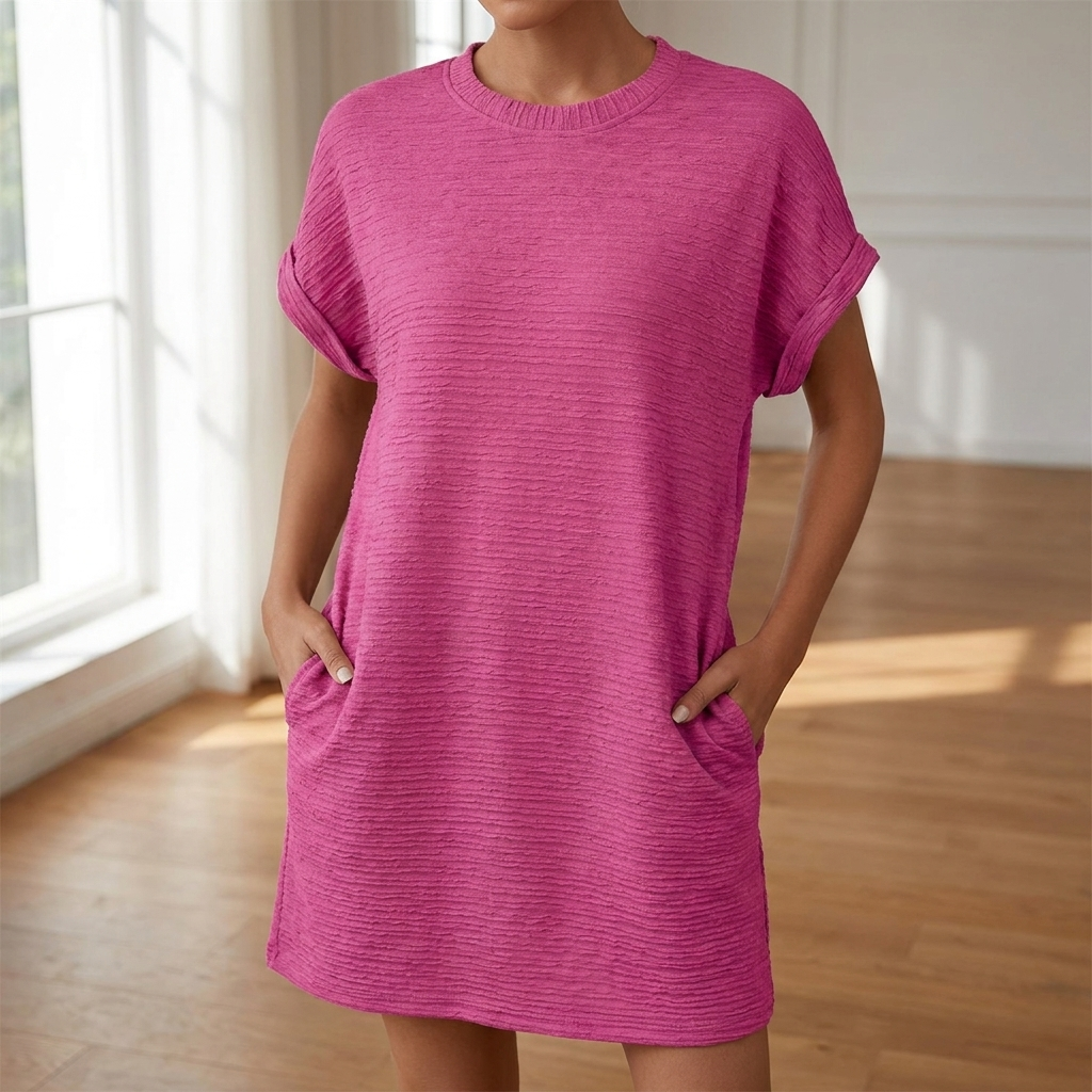 T shirt dress for women with pockets worn in a bright minimal room