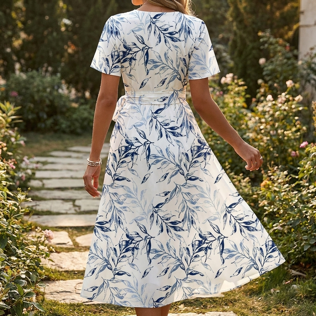 Womens flutter sleeve wrap dress seen from behind on a stone garden path