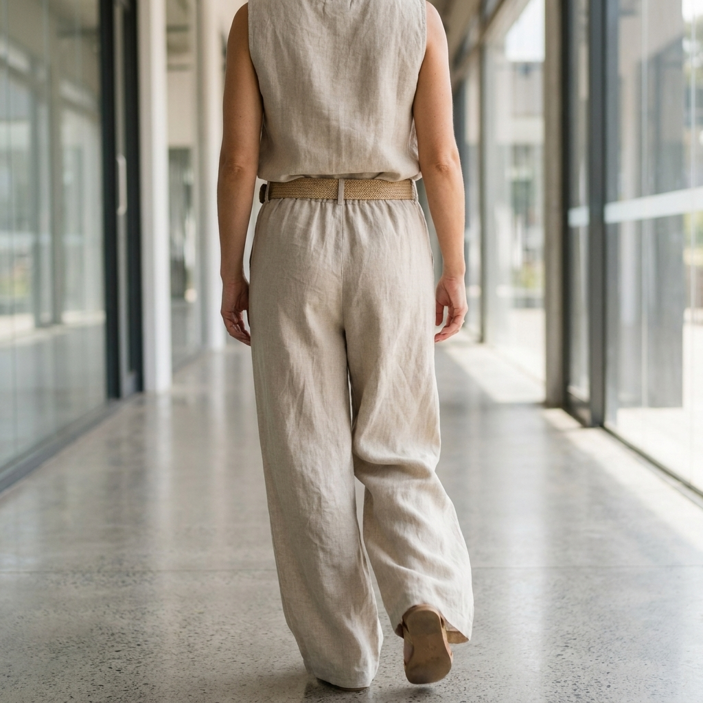 Womens sleeveless top and trouser outfit seen from behind in a bright corridor