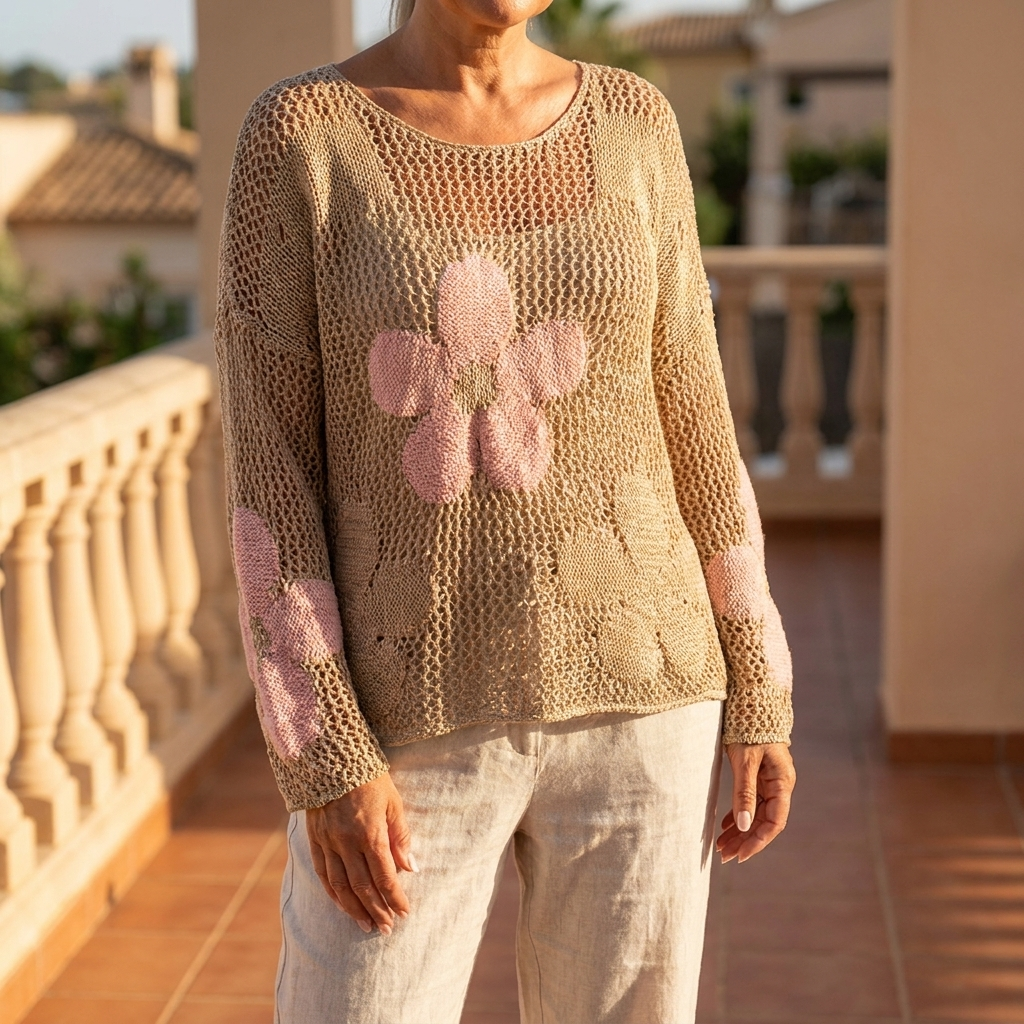 Crochet open weave long sleeve top for women on a sunlit balcony