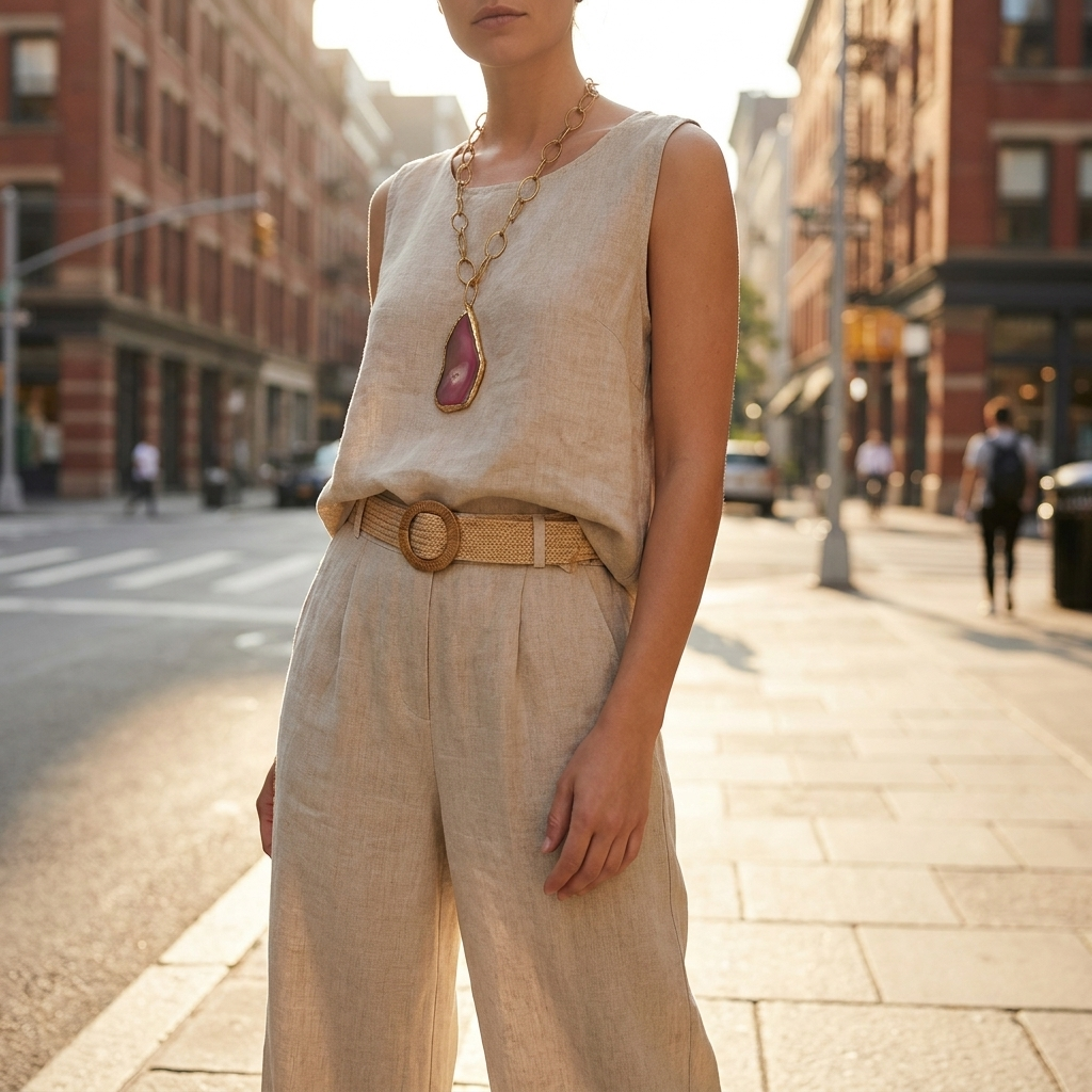 Two piece set for women with sleeveless top and wide leg trousers on a city pavement