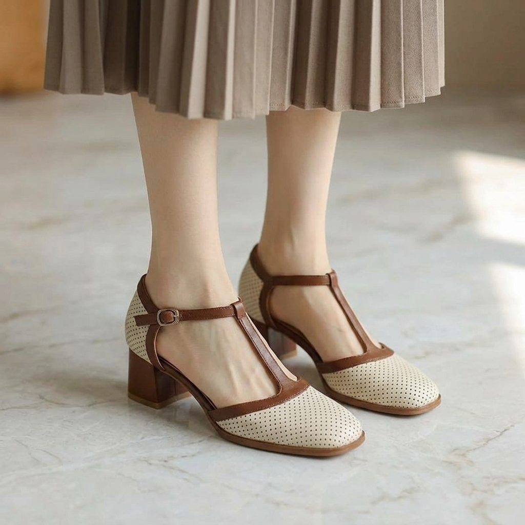T strap heels for women worn with tights and a pleated midi skirt on marble