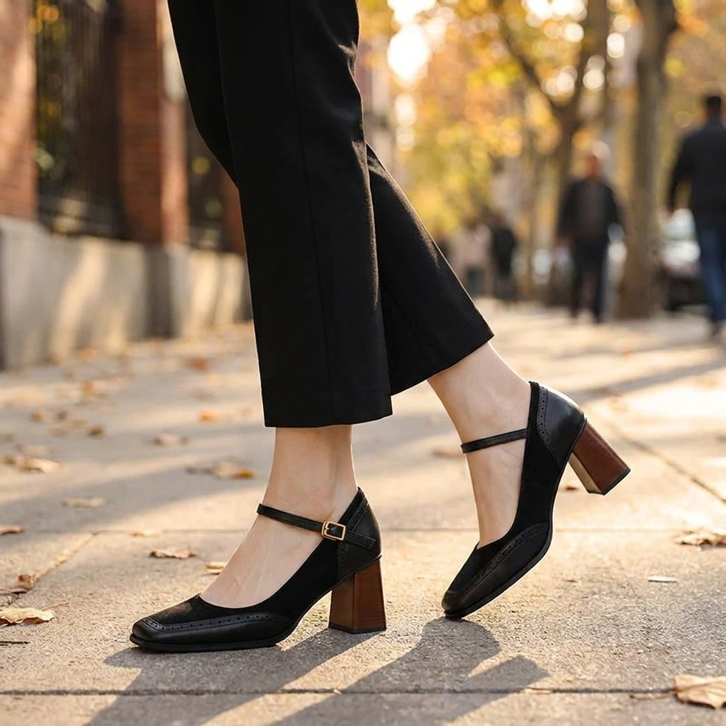 Woman walking in black square toe block heel ankle strap pumps