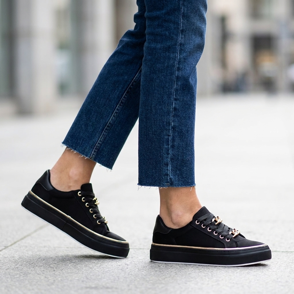 Woman walking in white platform sneakers with gold chain detail