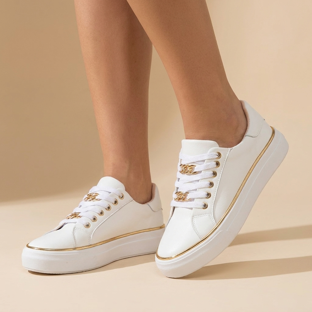 White platform sneakers with gold chain detail
