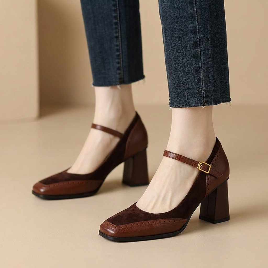 Brown square toe block heel pumps with ankle strap and brogue detailing