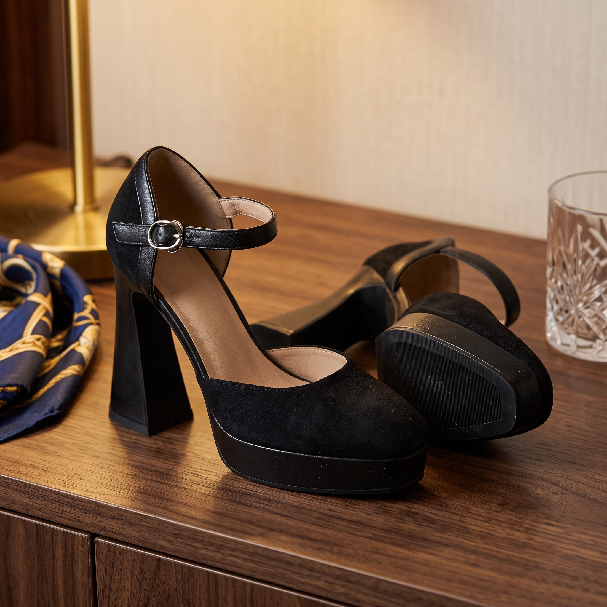 Aurore Platform Heels Ankle Strap Block Heel Pumps