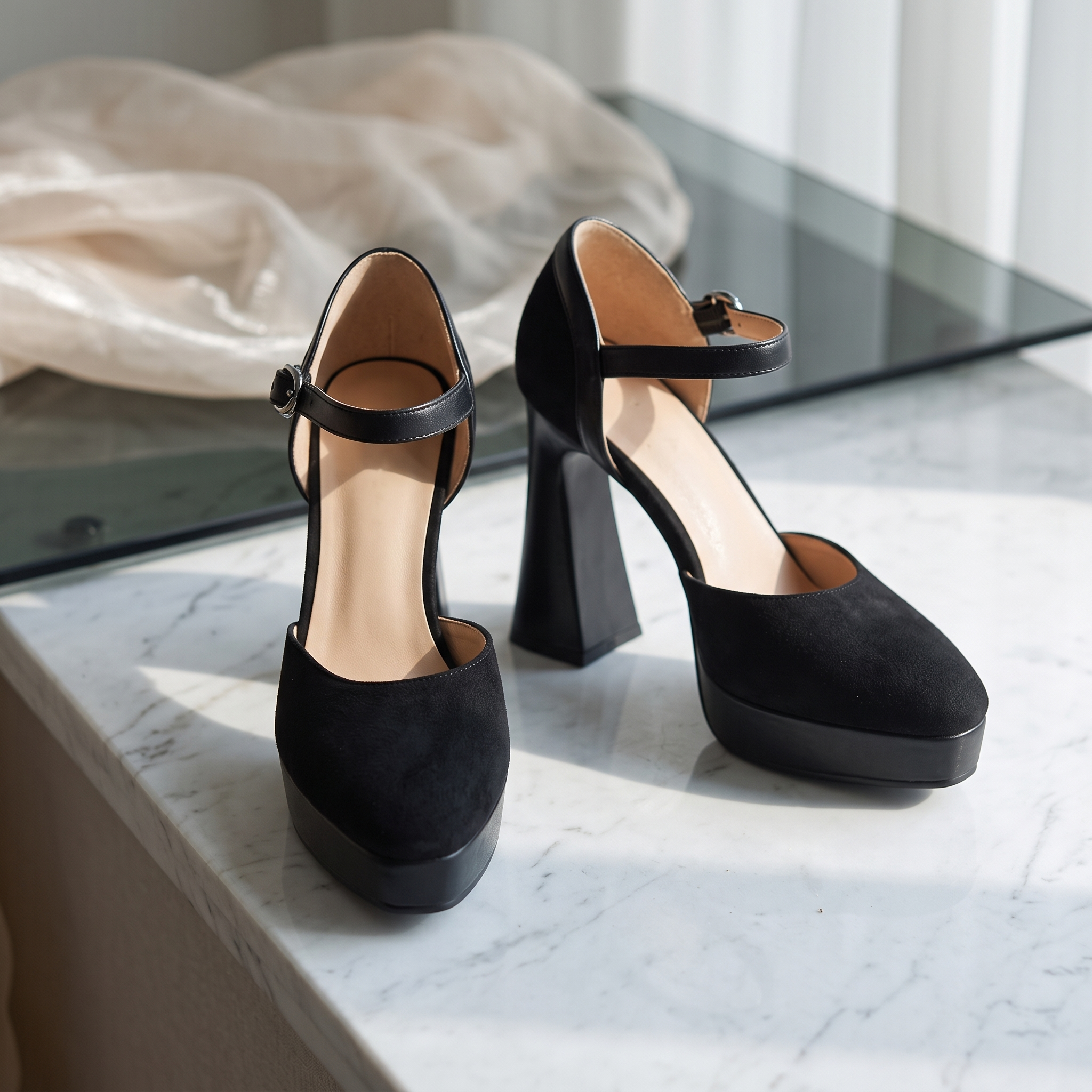 Aurore Platform Heels Ankle Strap Block Heel Pumps