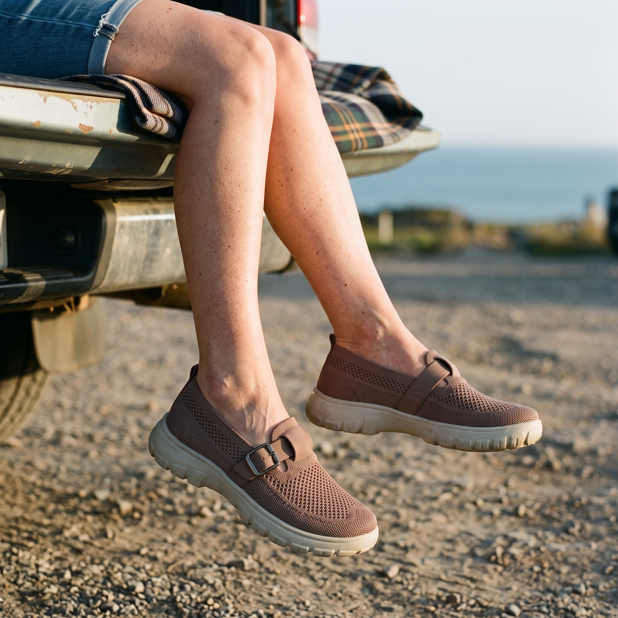 Mesh slip on sneakers for women with a buckle strap