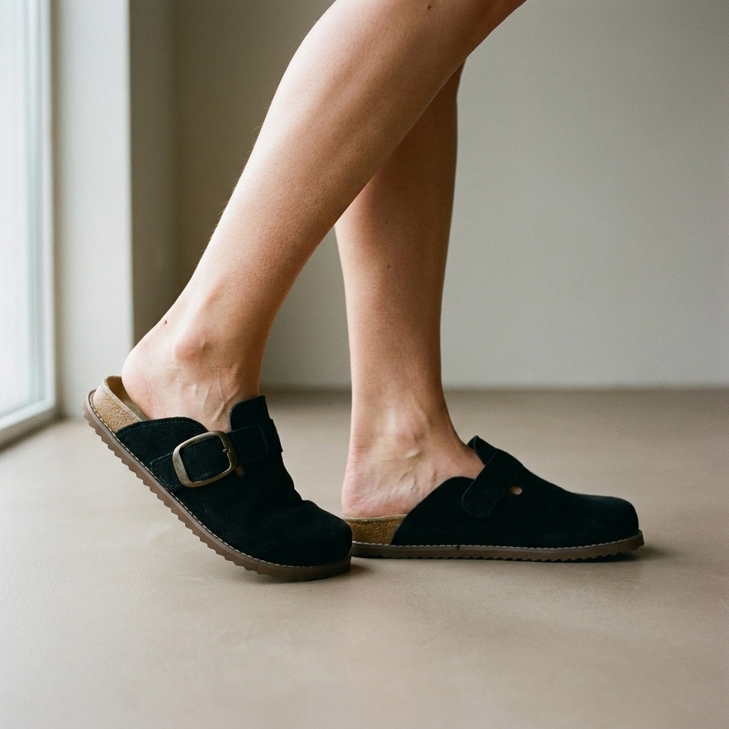 Women's suede slip-on clogs worn on a warm neutral floor in soft daylight