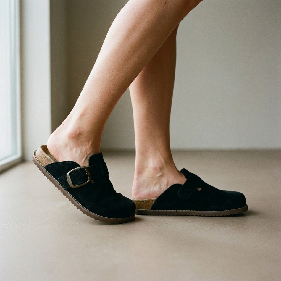 Women's suede slip-on clogs worn on a warm neutral floor in soft daylight